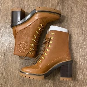 Tory Burch Miller Lug Sole Bootie, 7, NWT, leather/nubuck, tan, gold hardware